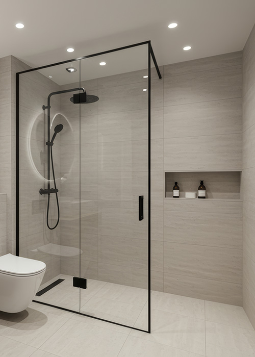 Modernes neues Badezimmer mit schwarzen Akzenten